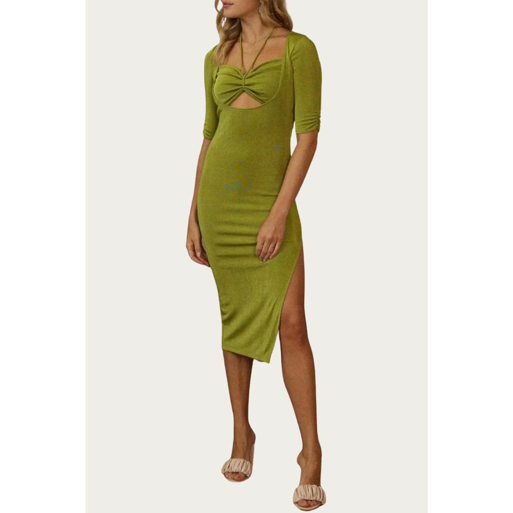 NEW ENDLESS BLU. cutout halter-neck midi dress in basil
